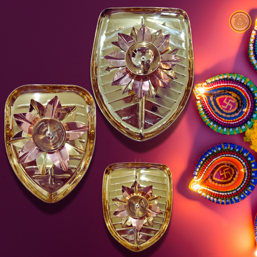 Brass leaf shape tray with copper brass diya set of 3