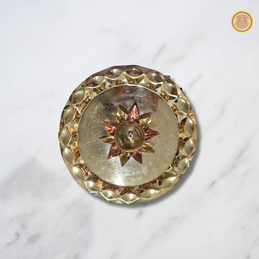 Brass puja thali with copper-bras diya combo
