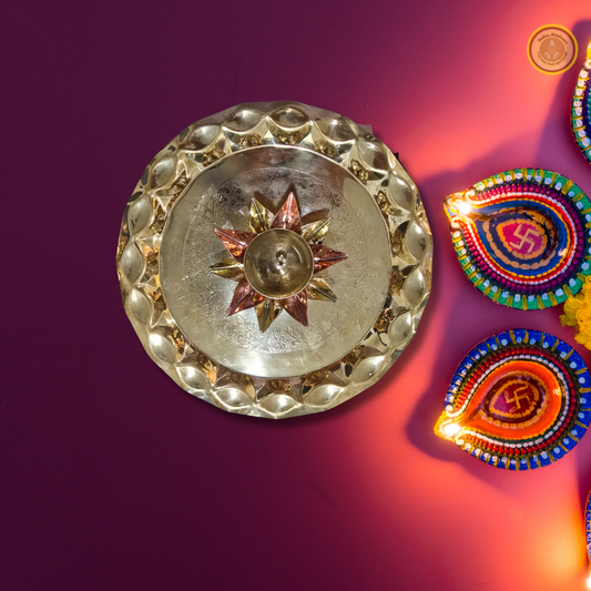Brass puja thali with copper-bras diya combo