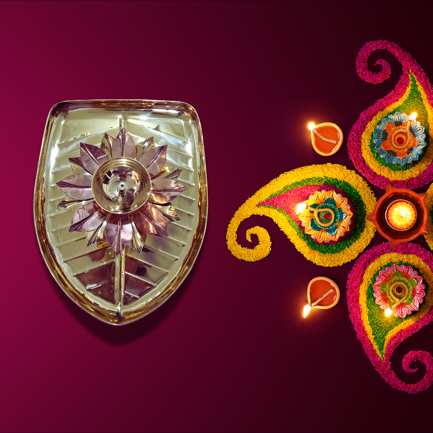 Brass leaf shape tray with copper brass diya (Big)