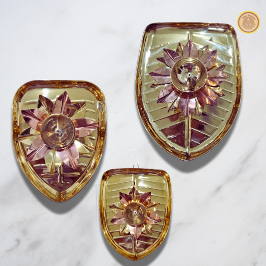 Brass leaf shape tray with copper brass diya set of 3