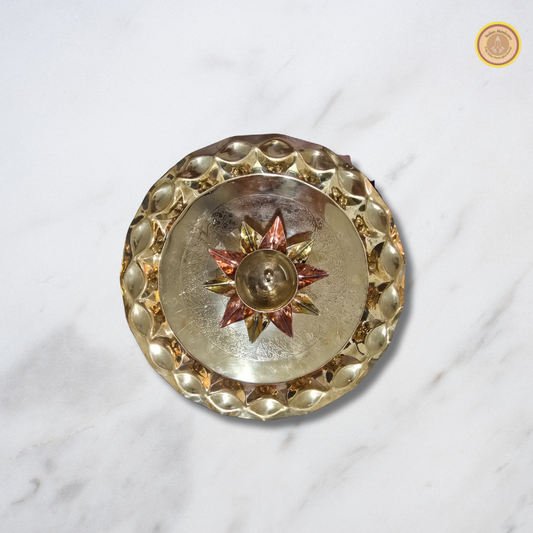Brass puja thali with copper-bras diya combo