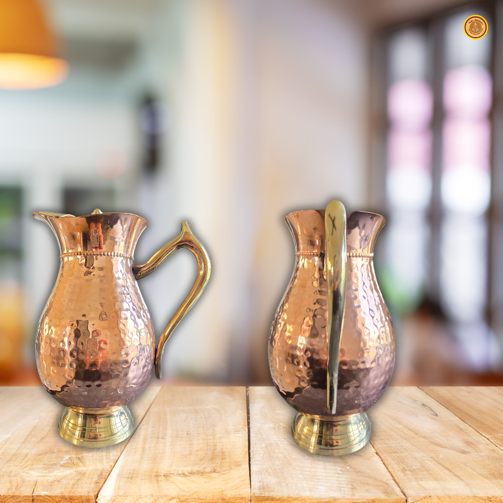 Copper water jug with lid and brass handle
